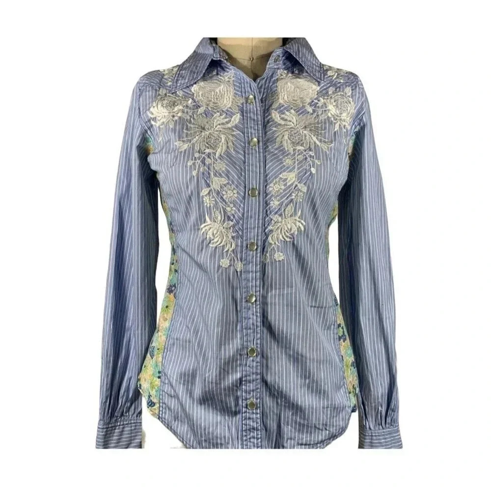 NWT 3J Johnny Was Button Up Top Small Blue Embroidered Paisley Pattern